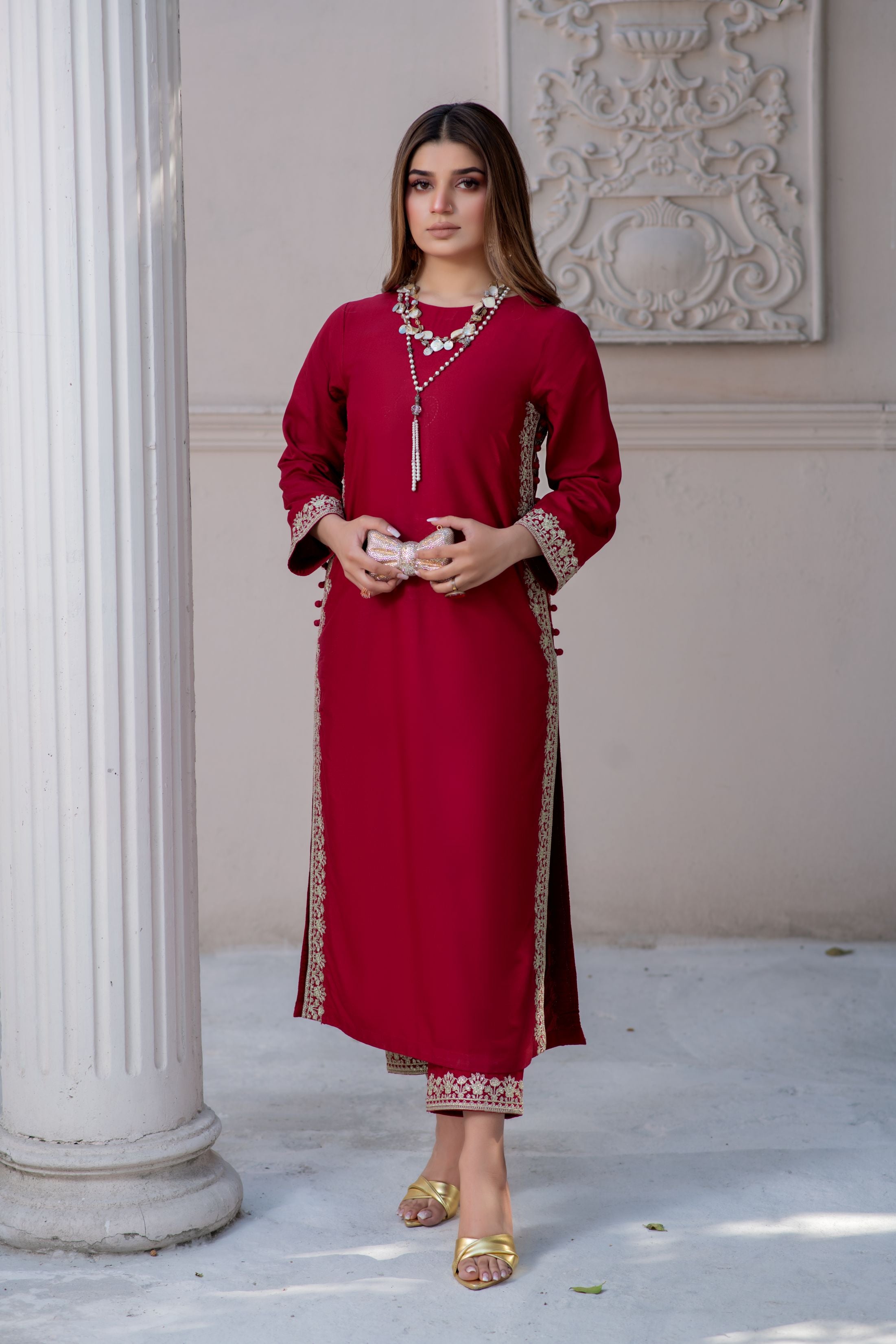 Noura by Hemline Red Embroidered Long 2pc Viscose Suit NH2