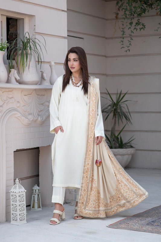 ZS8 Serah by Zaina 3pc Linen Long Shirt with Printed Velvet Shawl