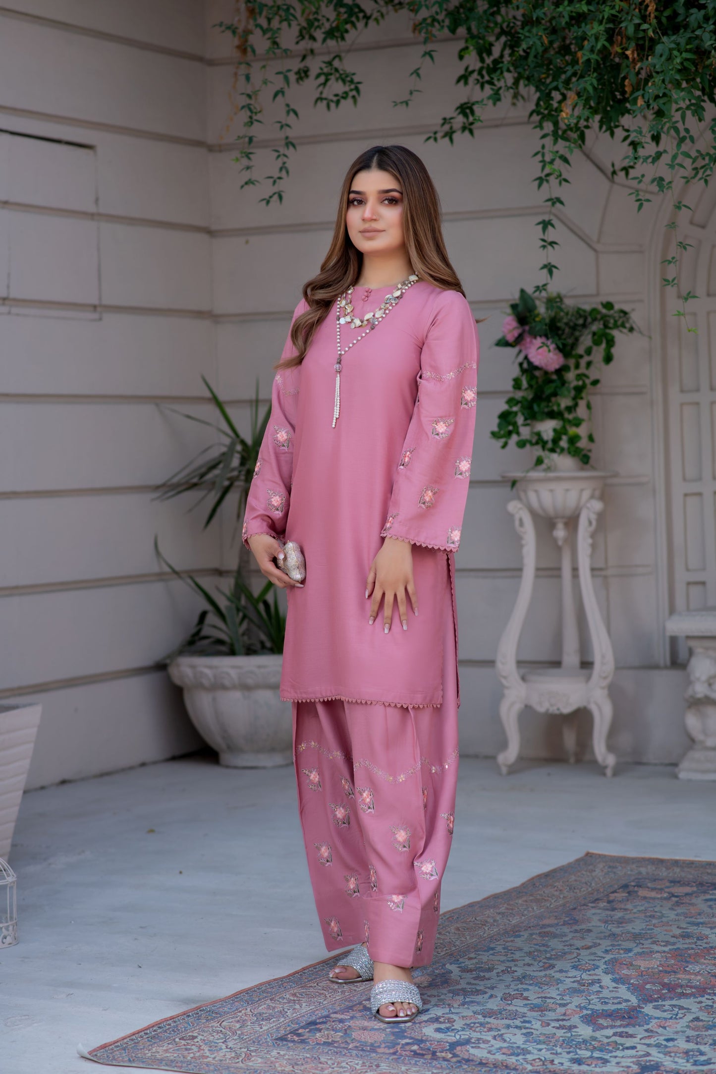Noura by Hemline Blush 2pc Viscose Suit with Farshi Shalwar NH3