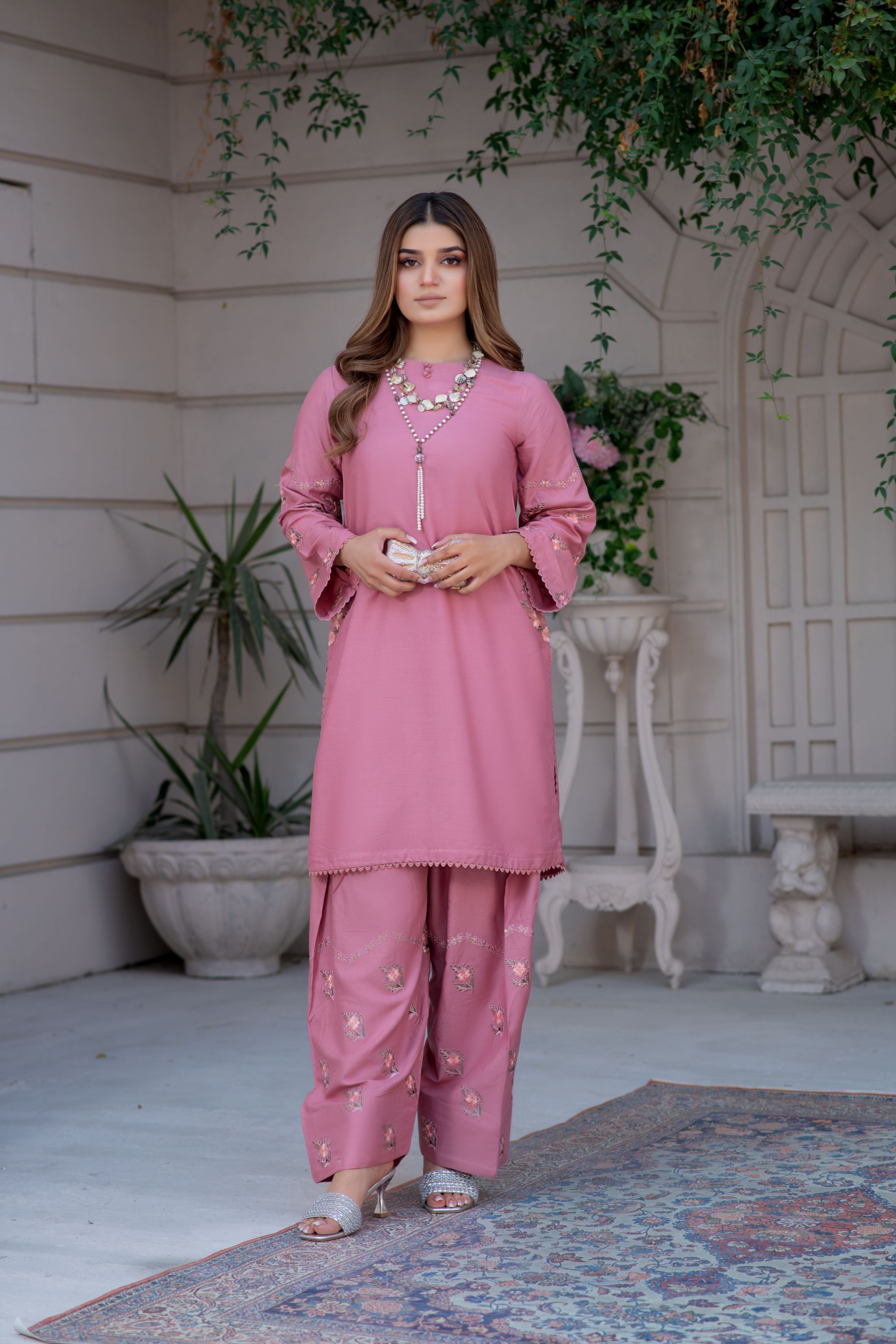 Noura by Hemline Blush 2pc Viscose Suit with Farshi Shalwar NH3