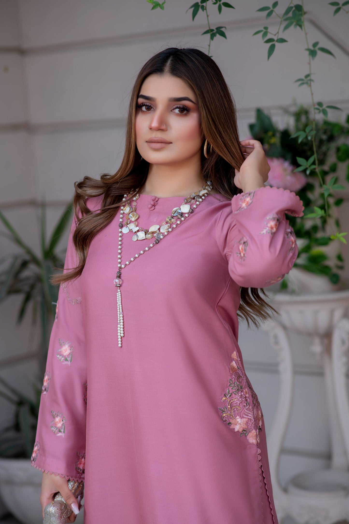 Noura by Hemline Blush 2pc Viscose Suit with Farshi Shalwar NH3