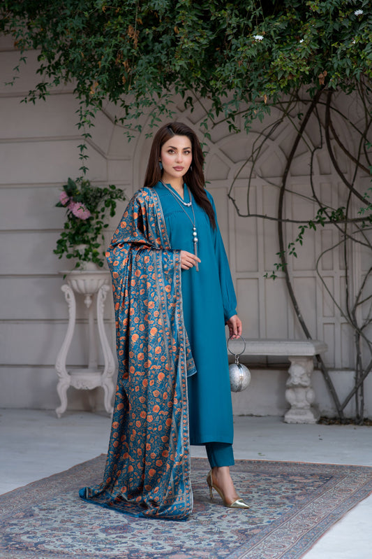 ZS5 Serah by Zaina 3pc Linen Long Shirt with Printed Velvet Shawl