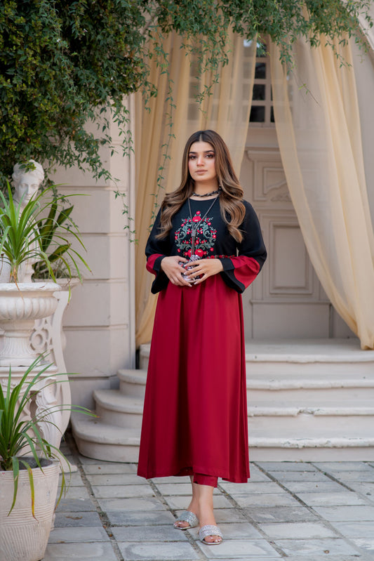 Noura by Hemline Black & Red Embroidered Long Frock 2pc Suit NH5