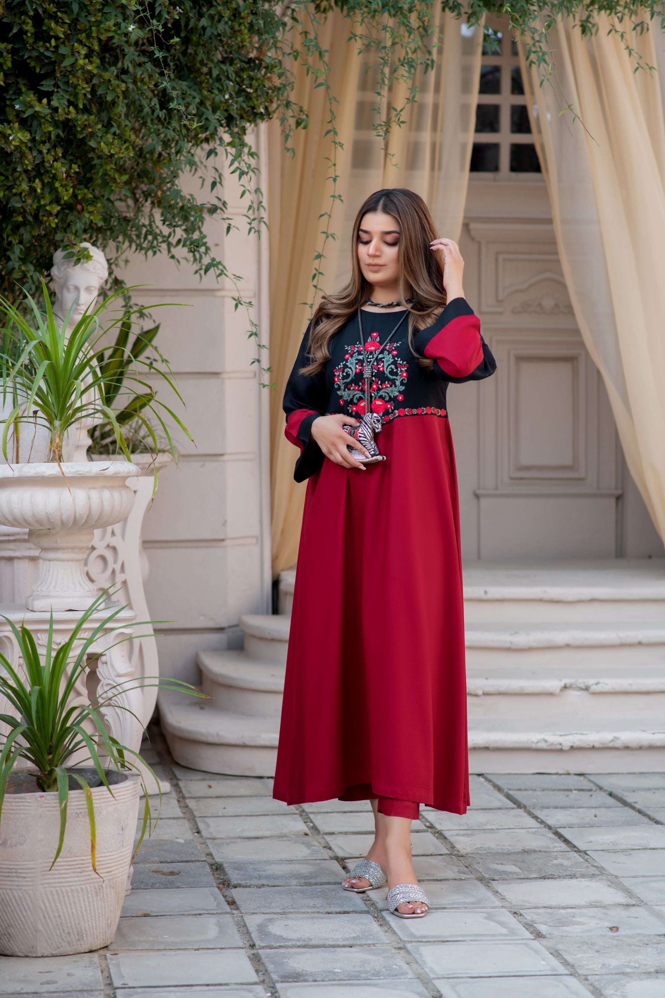 Noura by Hemline Black & Red Embroidered Long Frock 2pc Suit NH5