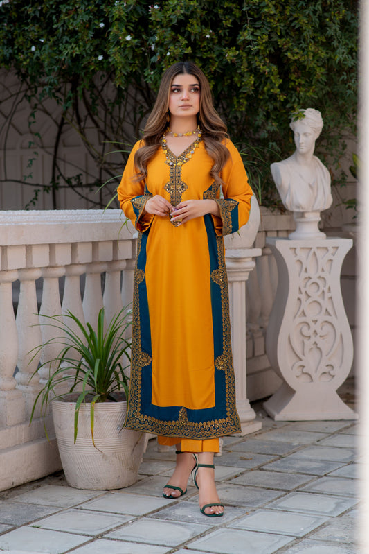 Noura by Hemline Mustard & Teal Long 2pc Viscose Suit NH7
