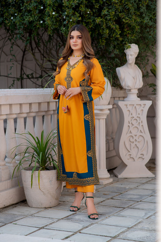 Noura by Hemline Mustard & Teal Long 2pc Viscose Suit NH7