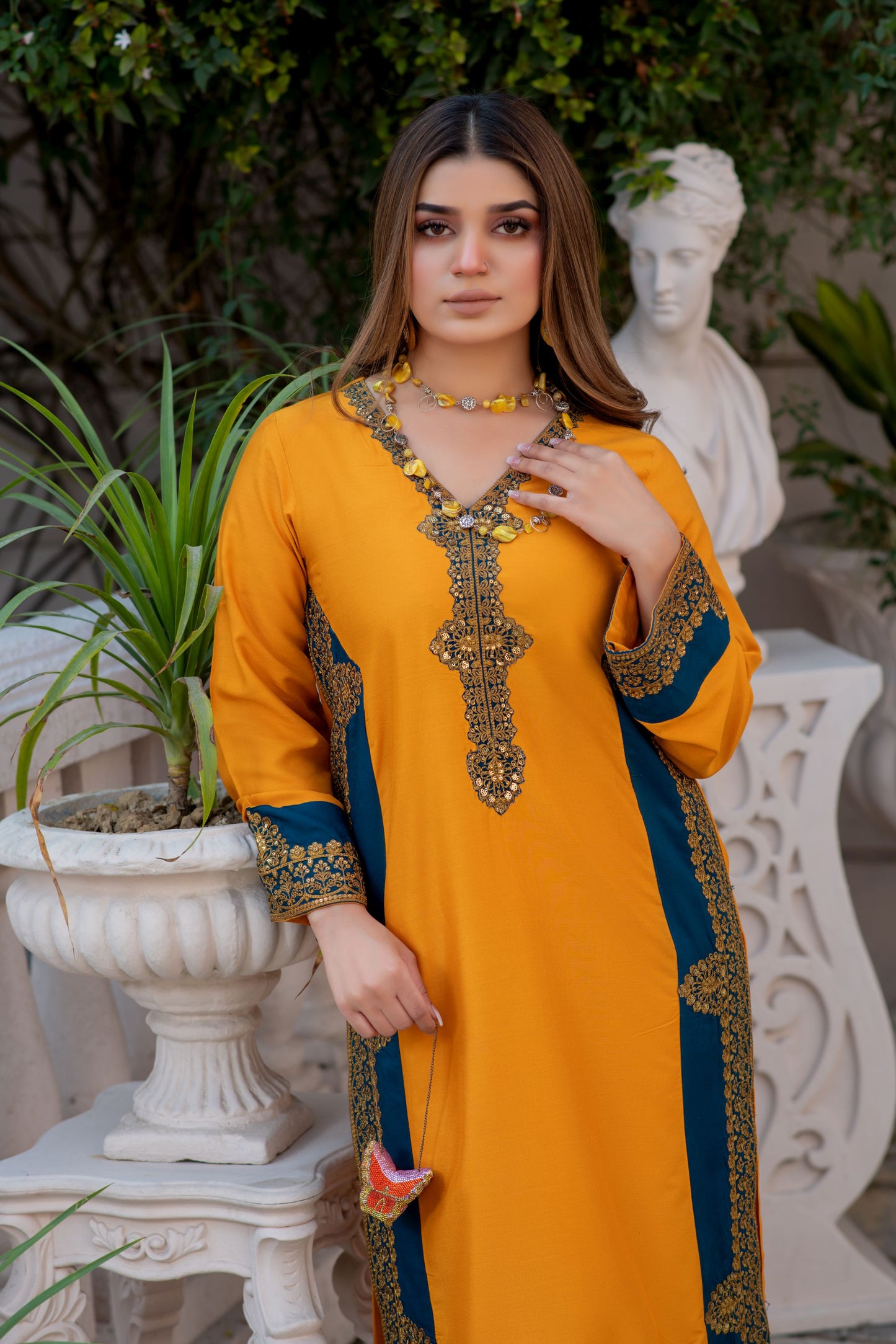 Noura by Hemline Mustard & Teal Long 2pc Viscose Suit NH7