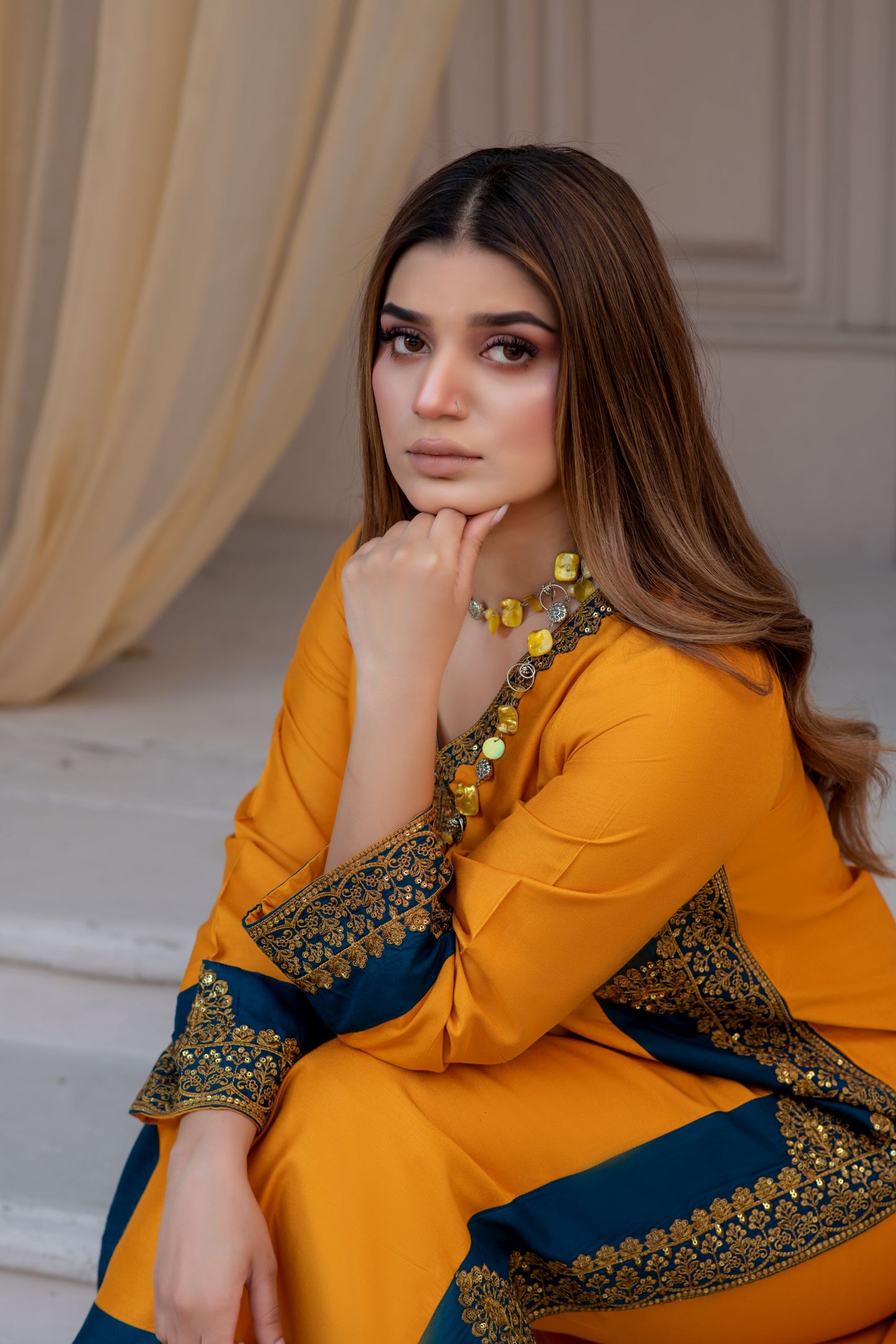 Noura by Hemline Mustard & Teal Long 2pc Viscose Suit NH7
