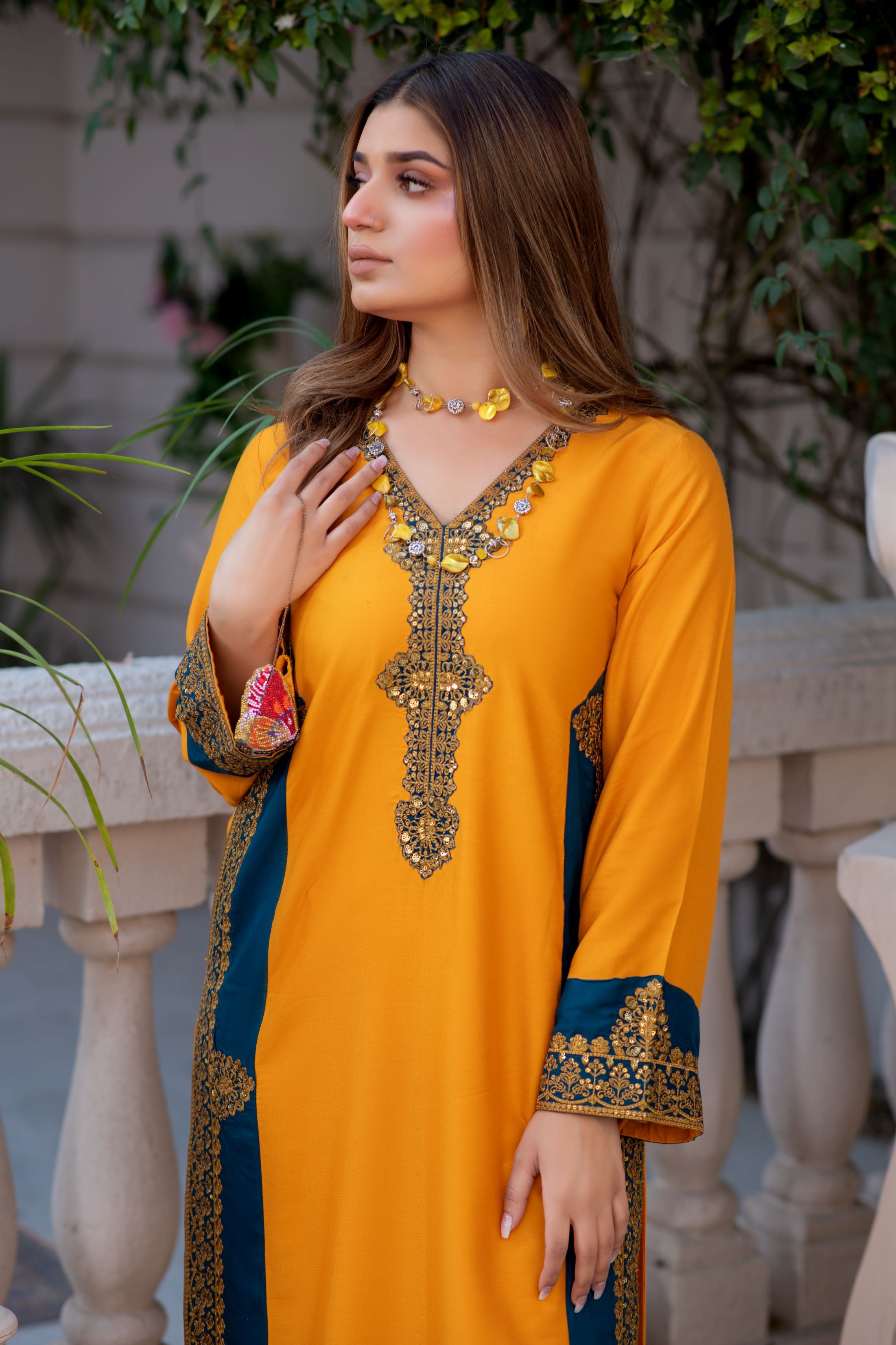 Noura by Hemline Mustard & Teal Long 2pc Viscose Suit NH7