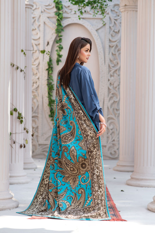 ZS7 Serah by Zaina 3pc Linen Long Dress with Printed Velvet Shawl