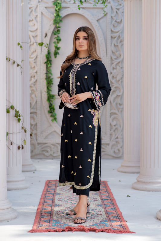 Noura by Hemline Black Long 2pc Viscose Ready to Wear Suit NH10