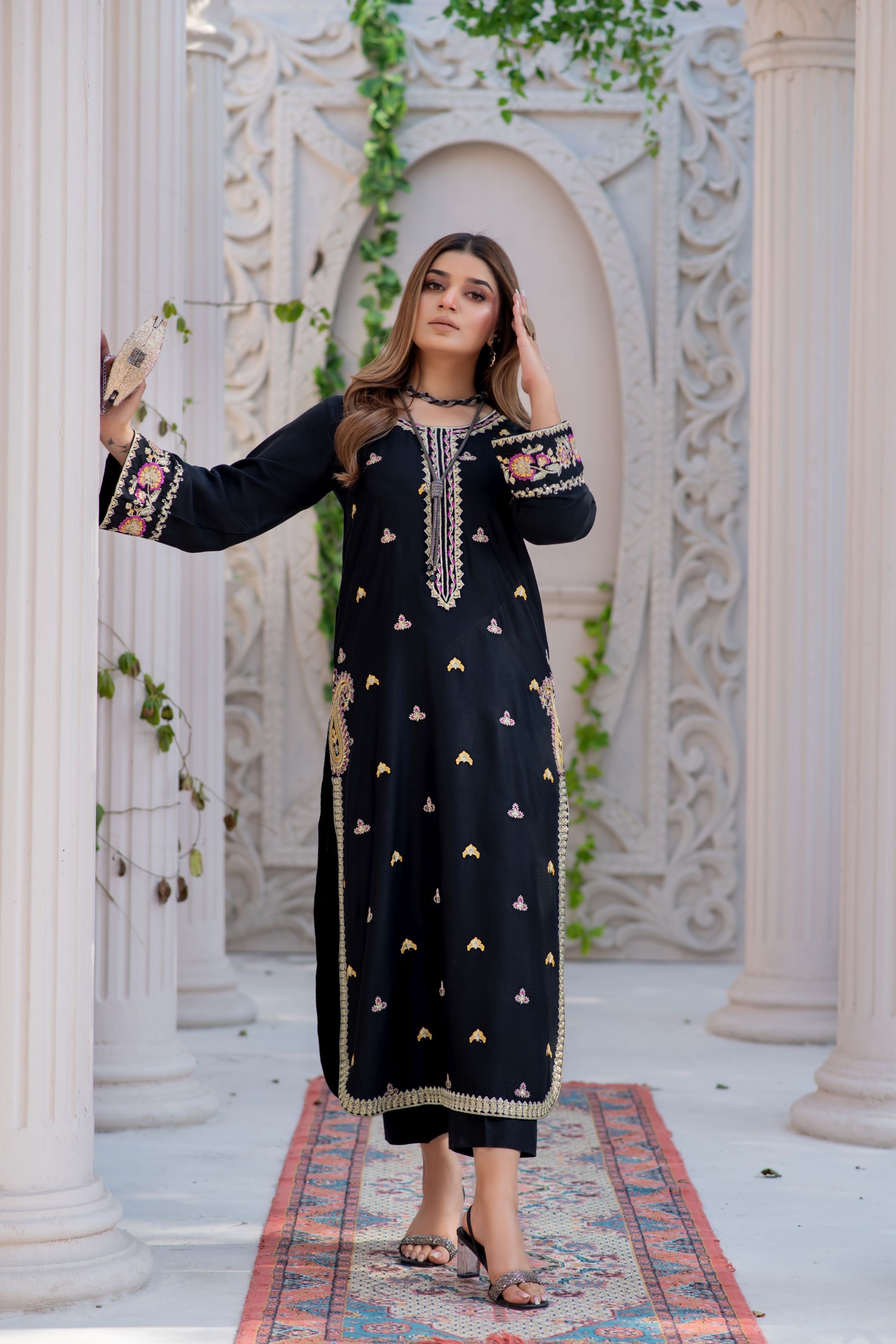 Noura by Hemline Black Long 2pc Viscose Ready to Wear Suit NH10