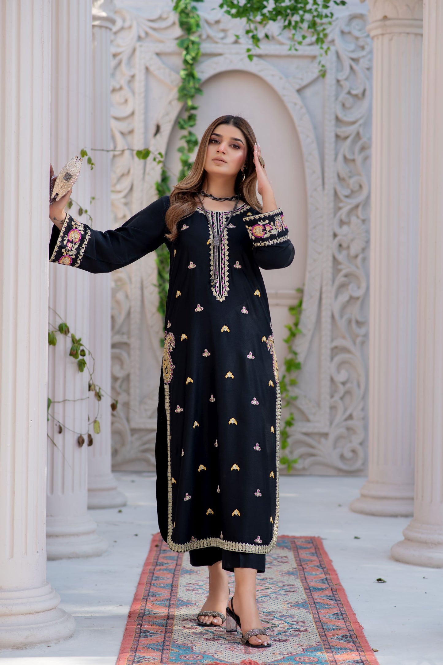 Noura by Hemline Black Long 2pc Viscose Ready to Wear Suit NH10