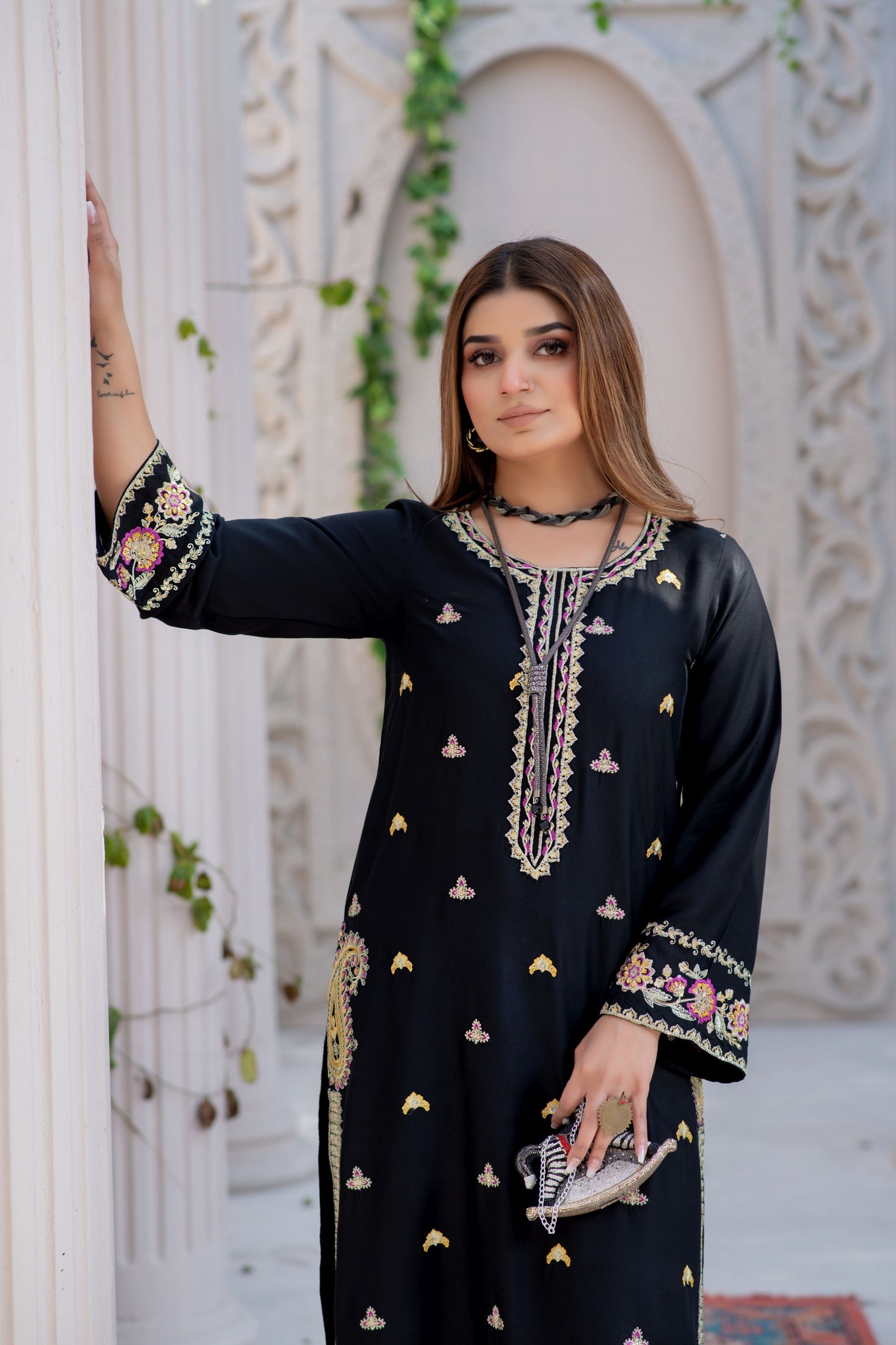 Noura by Hemline Black Long 2pc Viscose Ready to Wear Suit NH10
