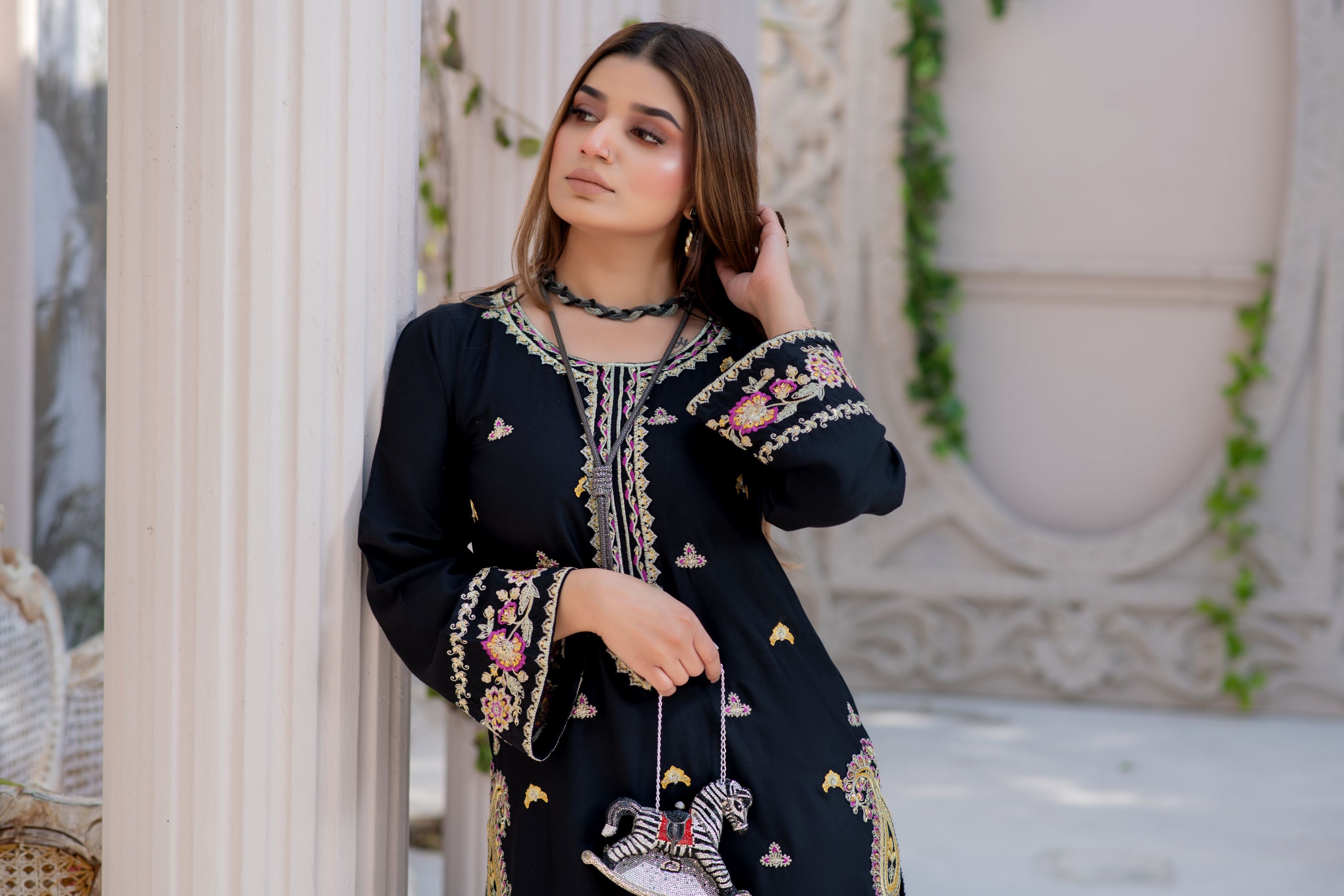Noura by Hemline Black Long 2pc Viscose Ready to Wear Suit NH10