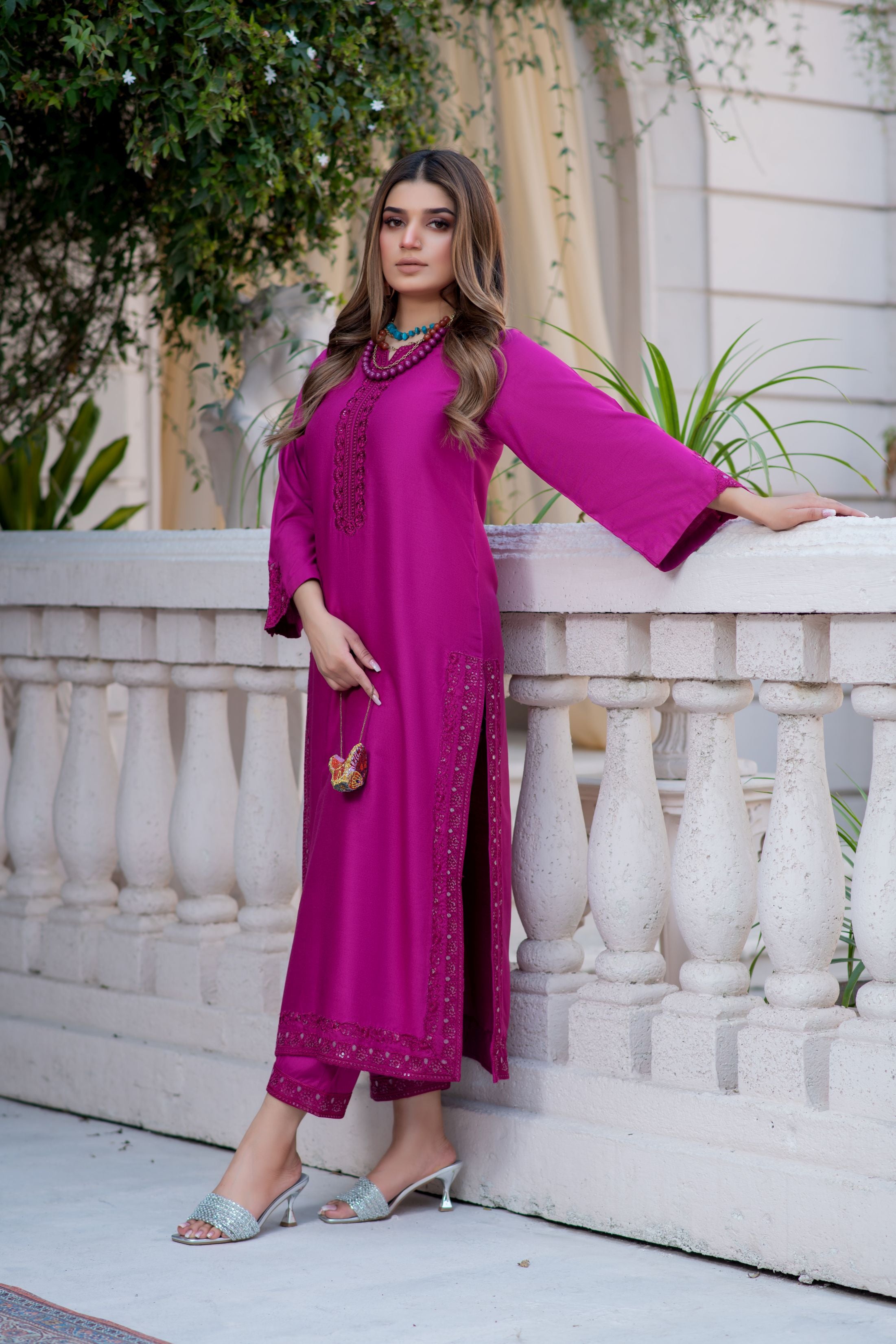 Noura by Hemline Fuchsia Embroidered Long 2pc Viscose Suit NH6