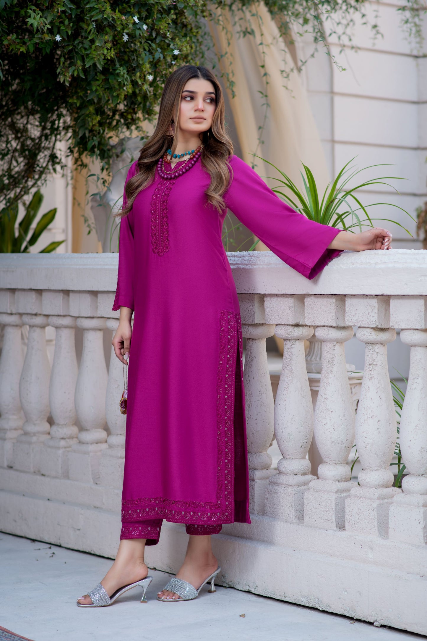 Noura by Hemline Fuchsia Embroidered Long 2pc Viscose Suit NH6