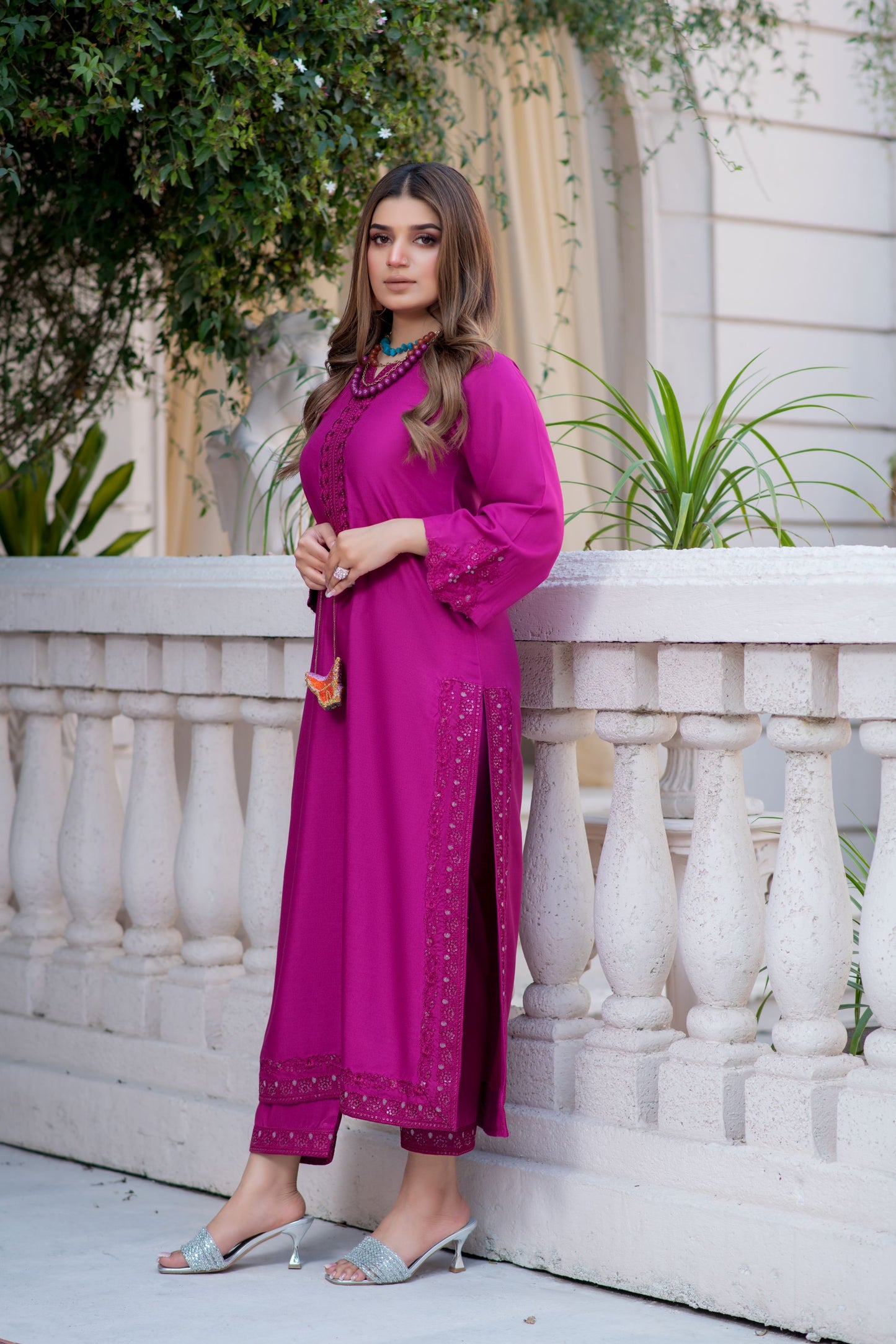 Noura by Hemline Fuchsia Embroidered Long 2pc Viscose Suit NH6