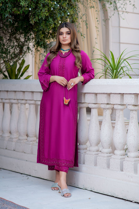 Noura by Hemline Fuchsia Embroidered Long 2pc Viscose Suit NH6