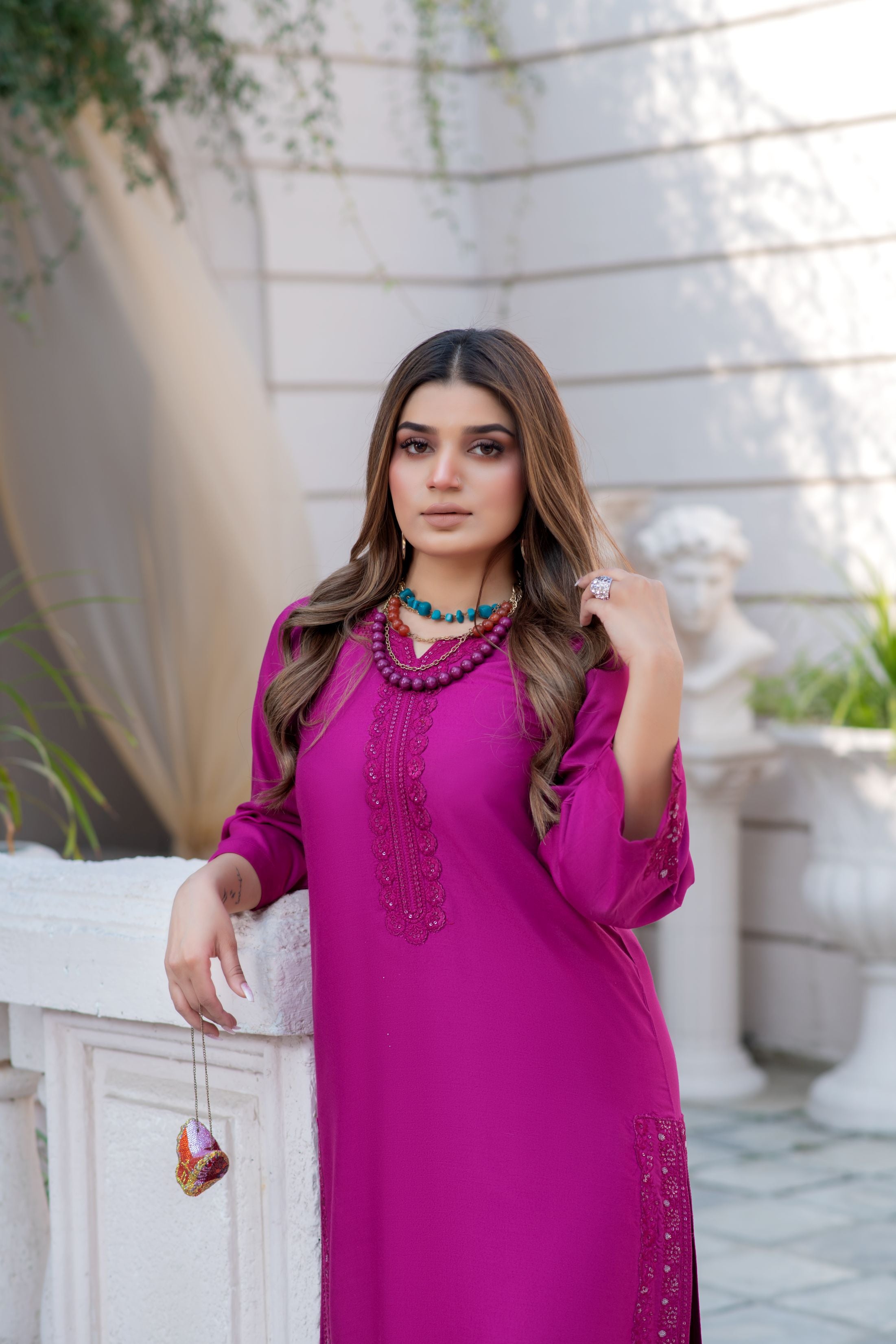 Noura by Hemline Fuchsia Embroidered Long 2pc Viscose Suit NH6