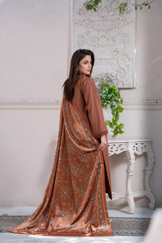 ZS6 Serah by Zaina 3pc Linen Dress with Printed Velvet Shawl