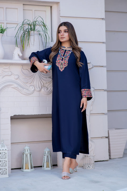 Noura by Hemline Navy Embroidered Long 2pc Viscose Suit NH4