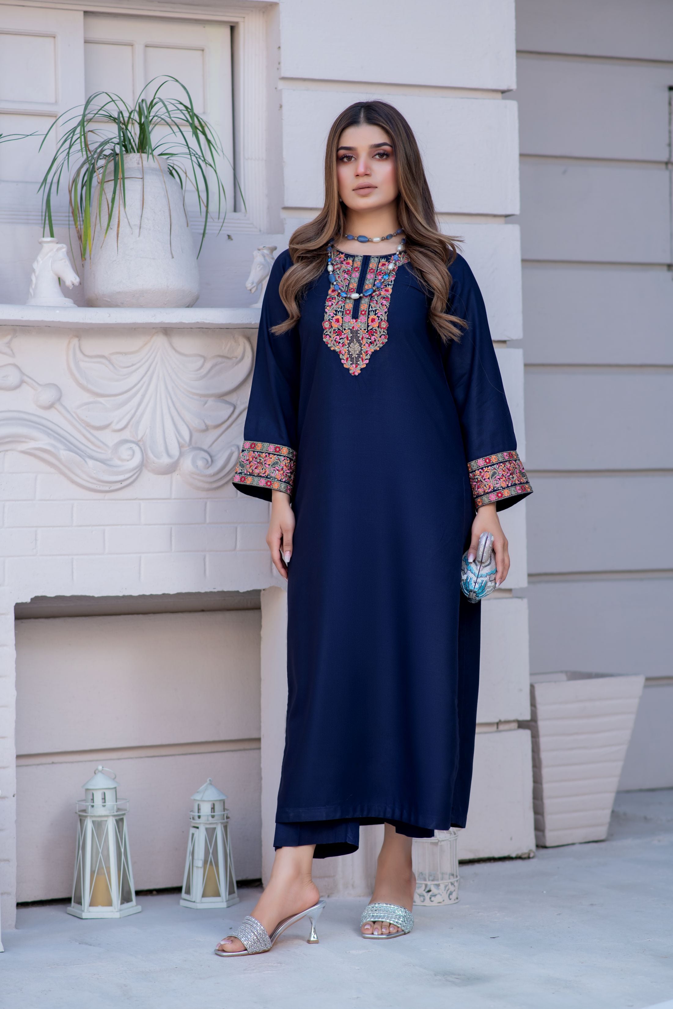 Noura by Hemline Navy Embroidered Long 2pc Viscose Suit NH4
