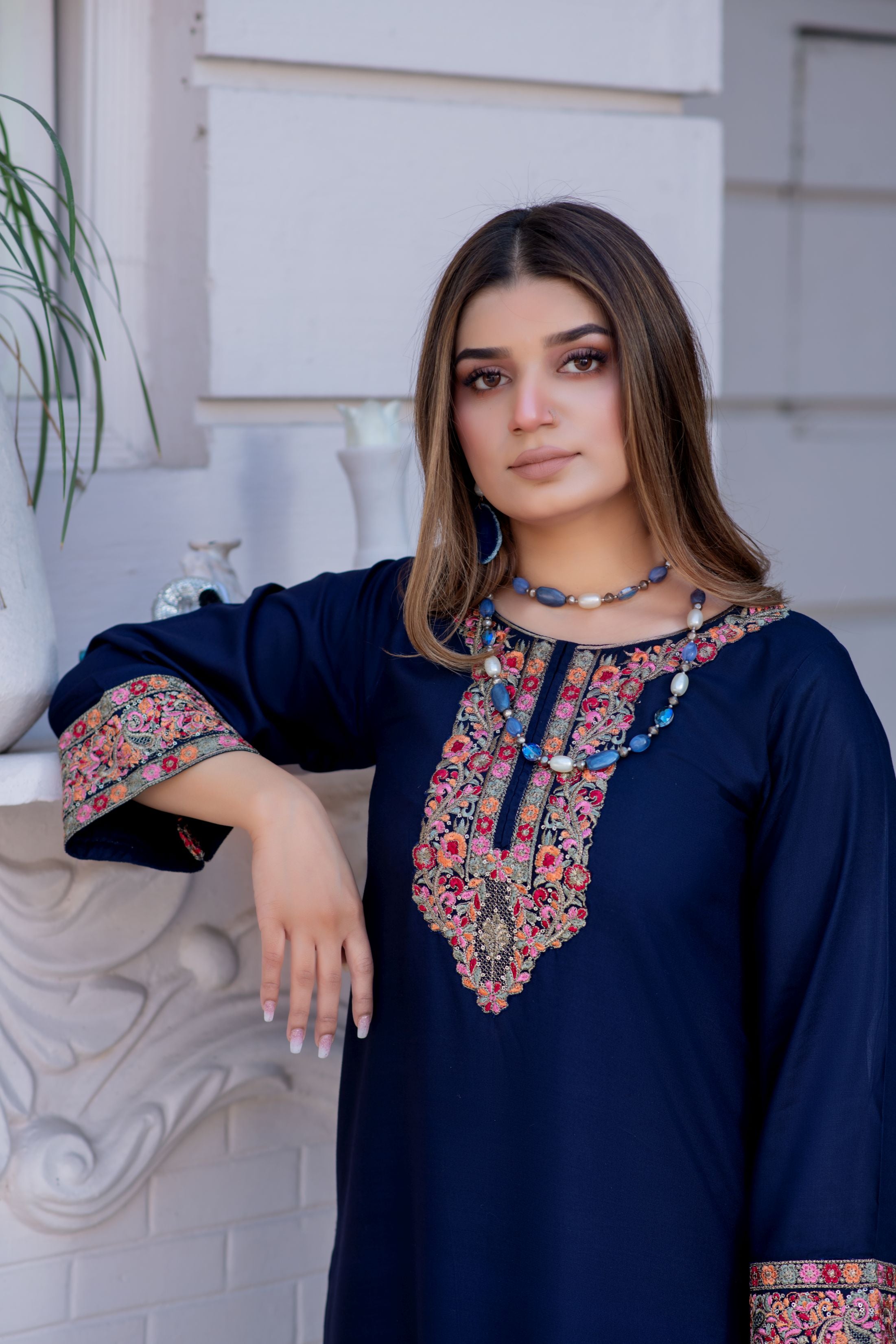 Noura by Hemline Navy Embroidered Long 2pc Viscose Suit NH4