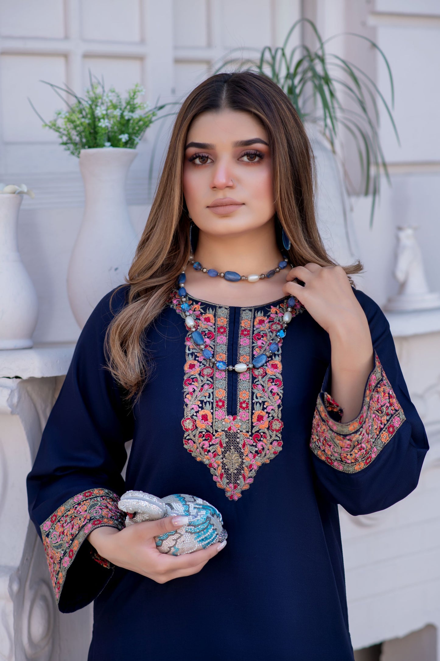 Noura by Hemline Navy Embroidered Long 2pc Viscose Suit NH4
