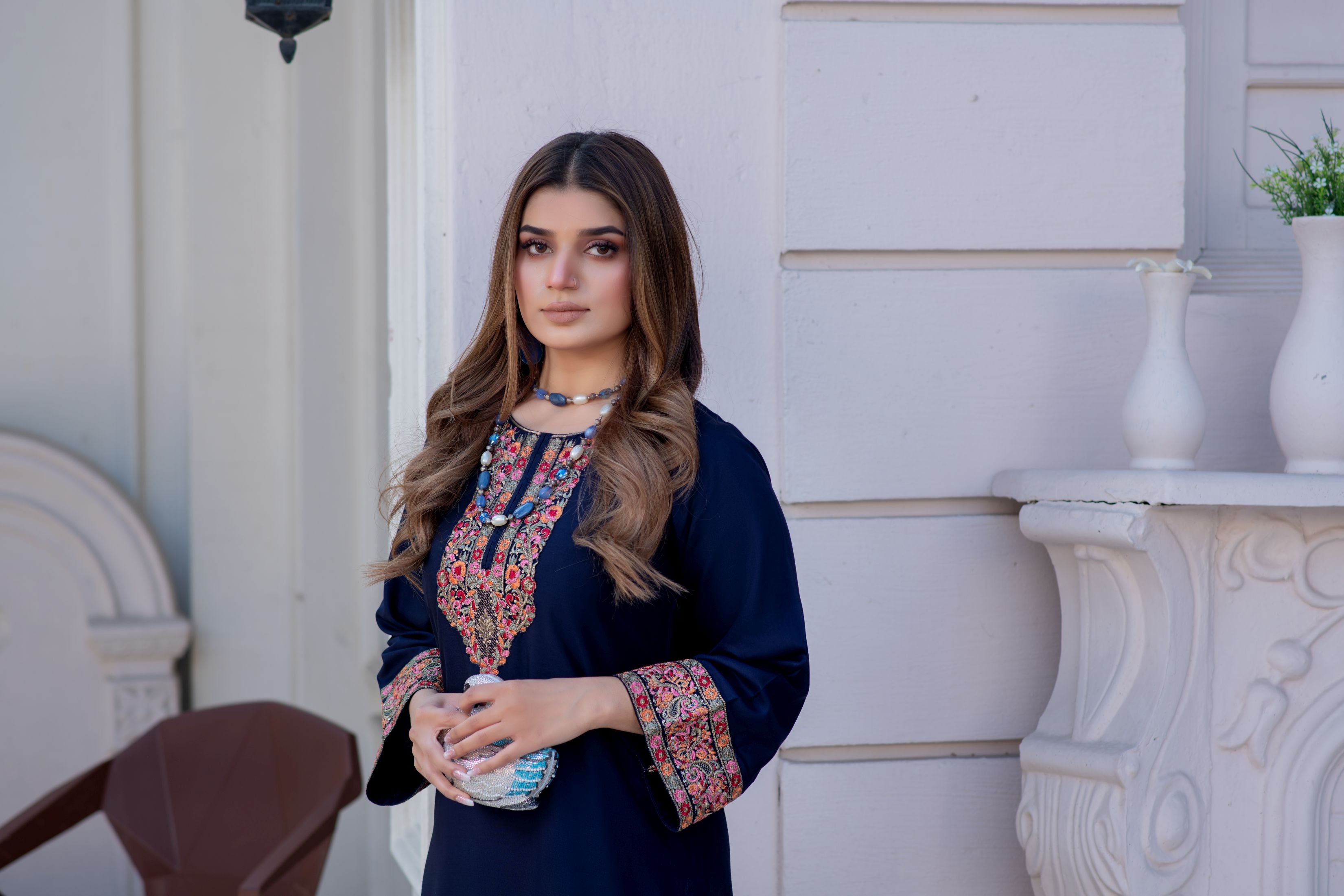 Noura by Hemline Navy Embroidered Long 2pc Viscose Suit NH4