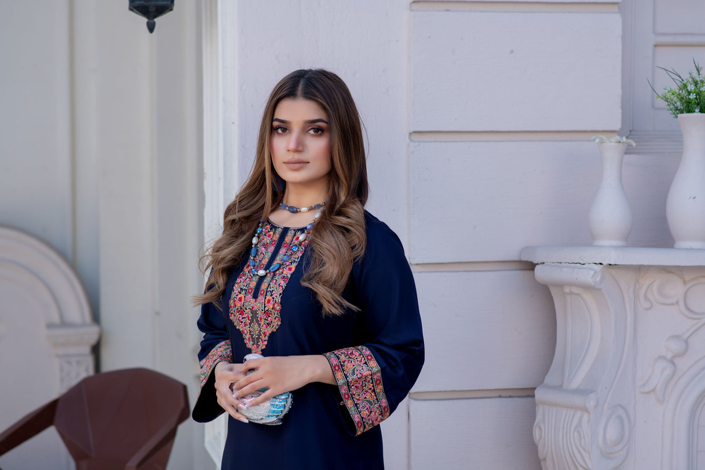 Noura by Hemline Navy Embroidered Long 2pc Viscose Suit NH4
