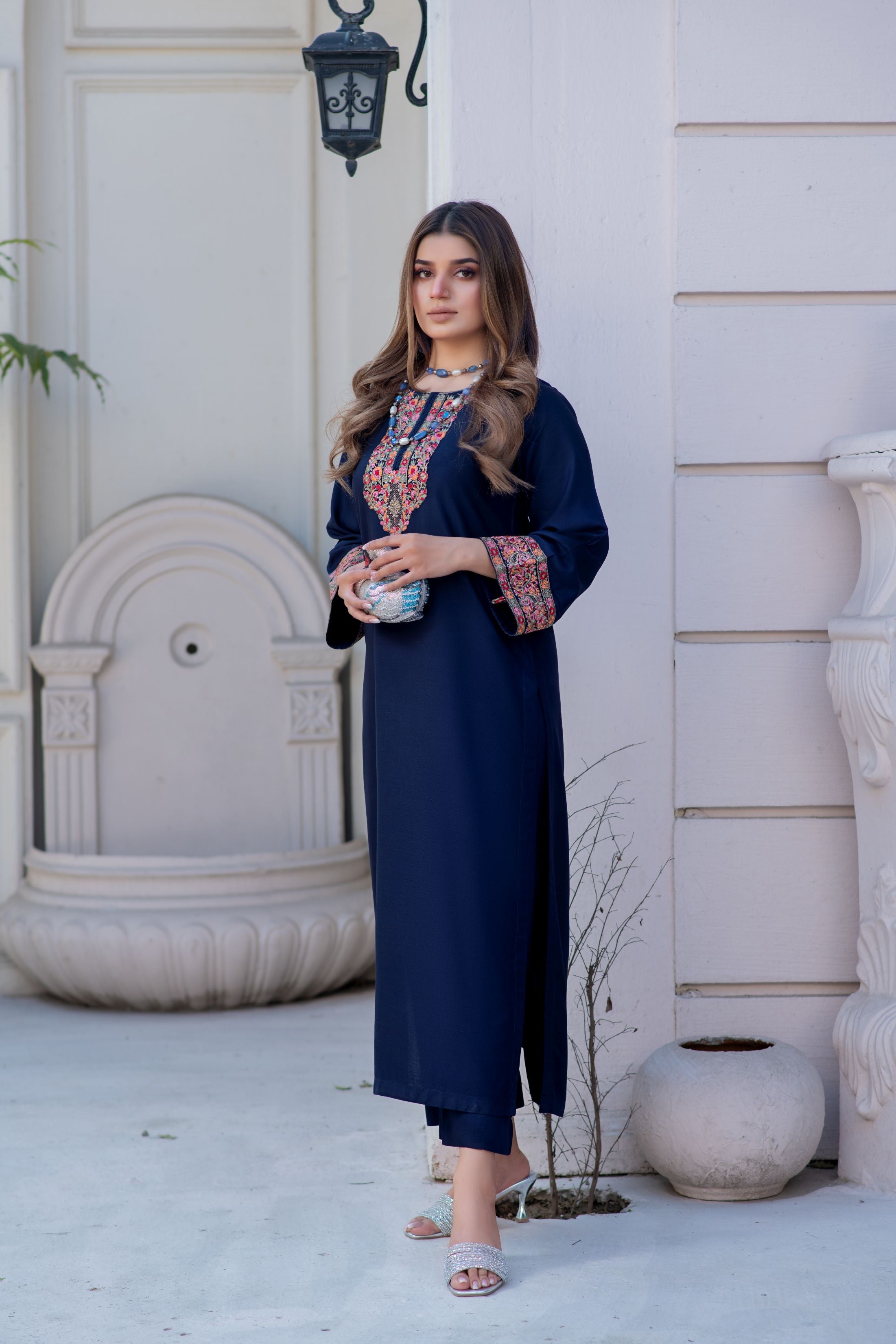 Noura by Hemline Navy Embroidered Long 2pc Viscose Suit NH4