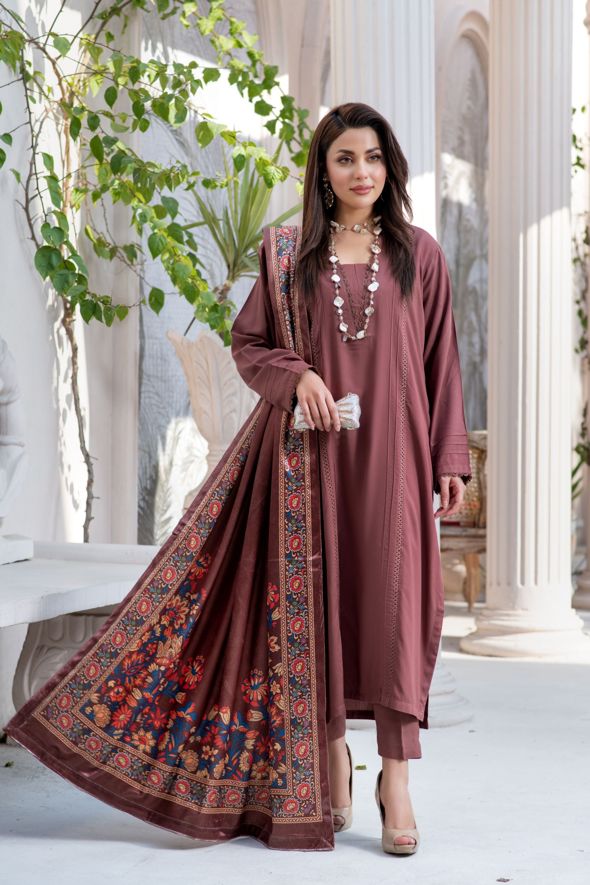 ZS3 Serah by Zaina 3pc Linen Long Dress & Printed Velvet Shawl