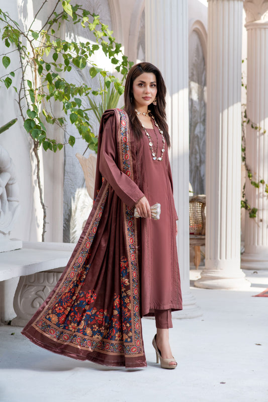 ZS3 Serah by Zaina 3pc Linen Long Dress & Printed Velvet Shawl