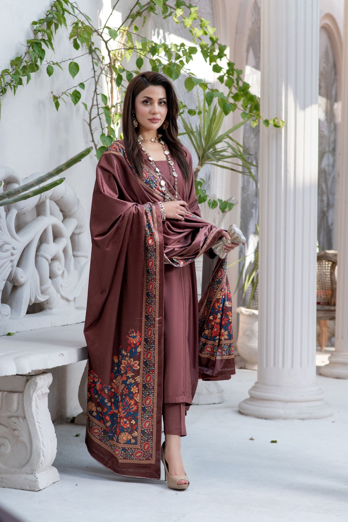 ZS3 Serah by Zaina 3pc Linen Long Dress & Printed Velvet Shawl