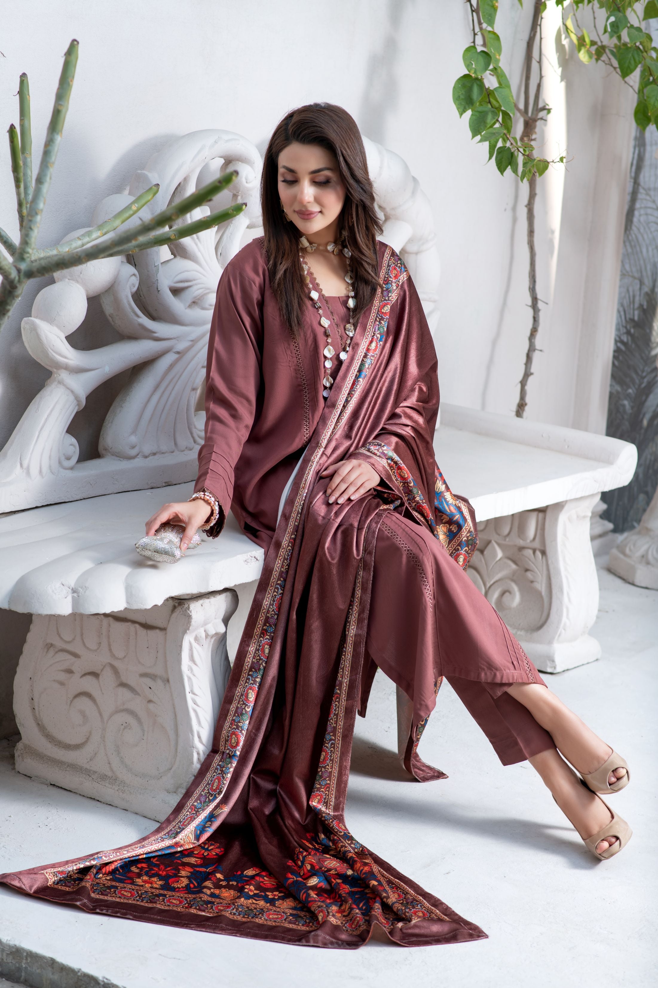 ZS3 Serah by Zaina 3pc Linen Long Dress & Printed Velvet Shawl