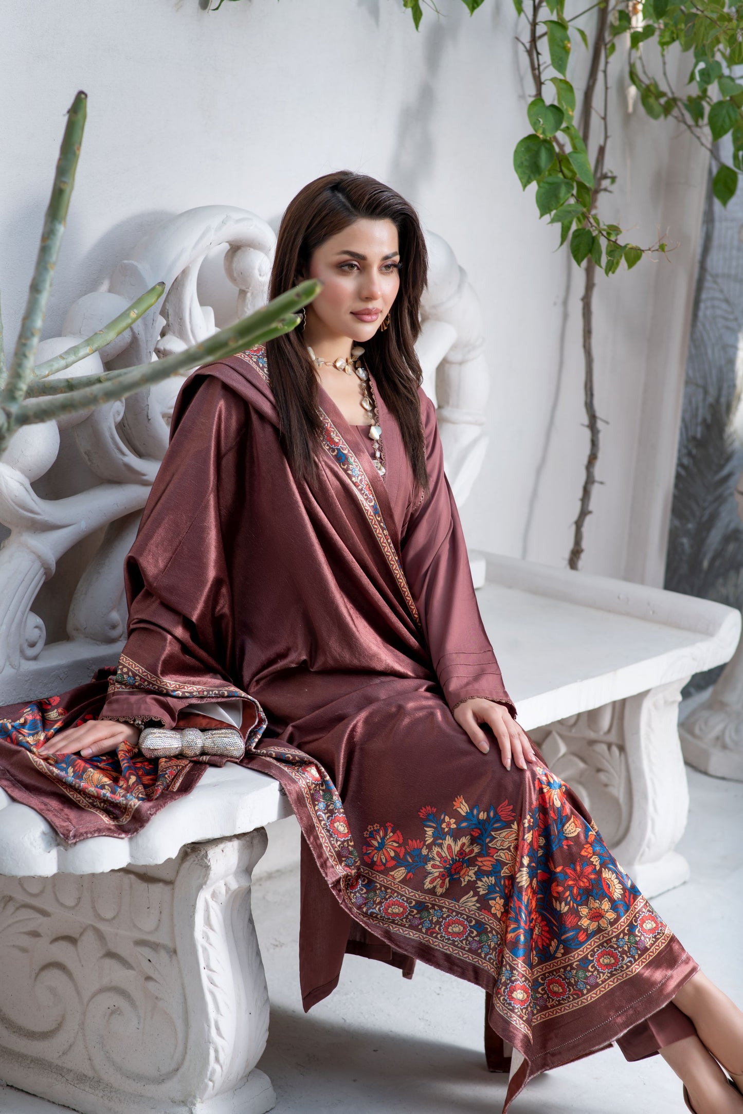ZS3 Serah by Zaina 3pc Linen Long Dress & Printed Velvet Shawl