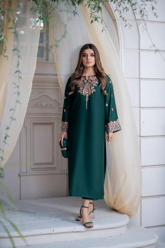 Noura by Hemline Emerald Embroidered Long 2pc Viscose Suit NH8