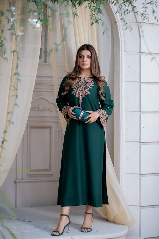 Noura by Hemline Emerald Embroidered Long 2pc Viscose Suit NH8