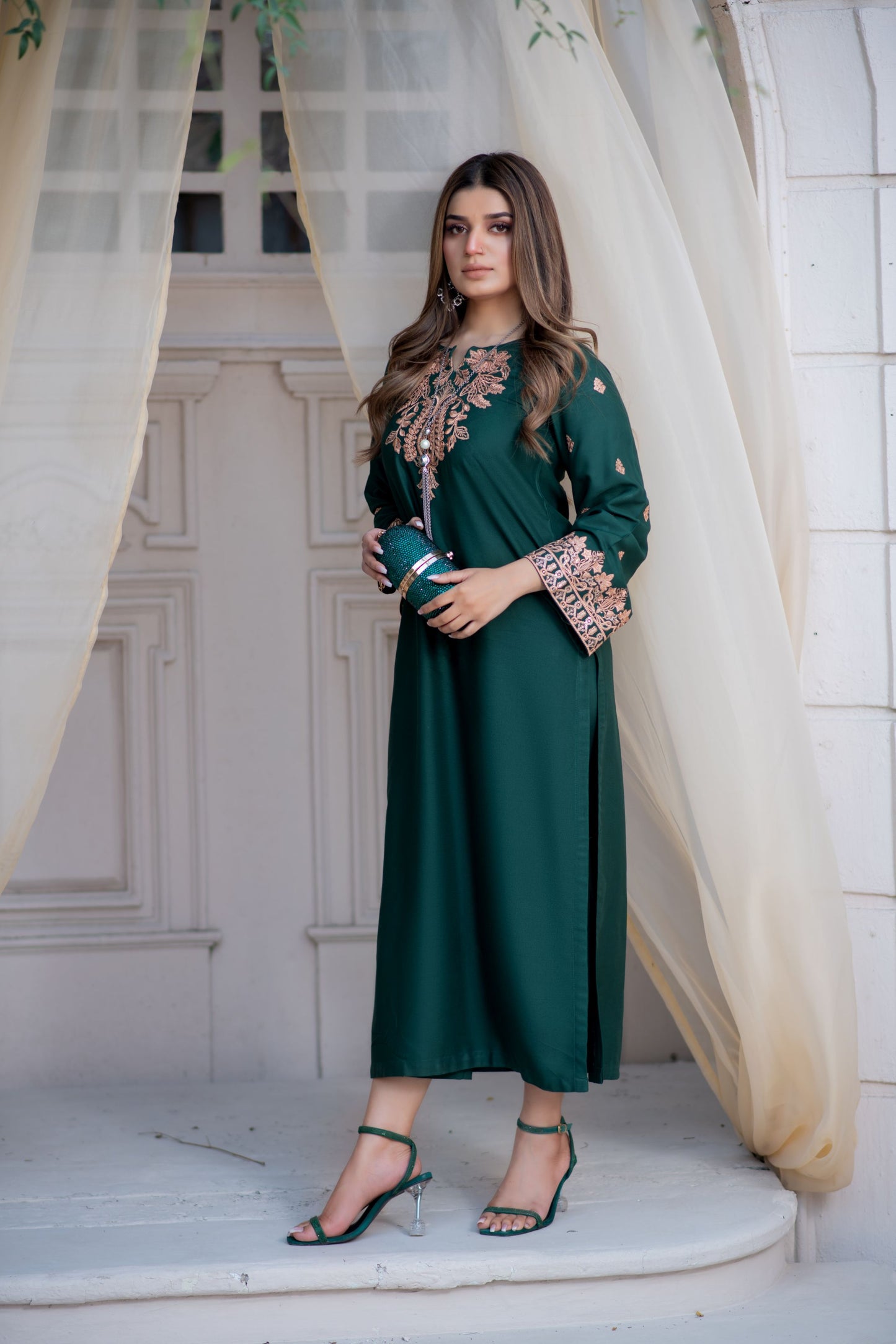 Noura by Hemline Emerald Embroidered Long 2pc Viscose Suit NH8