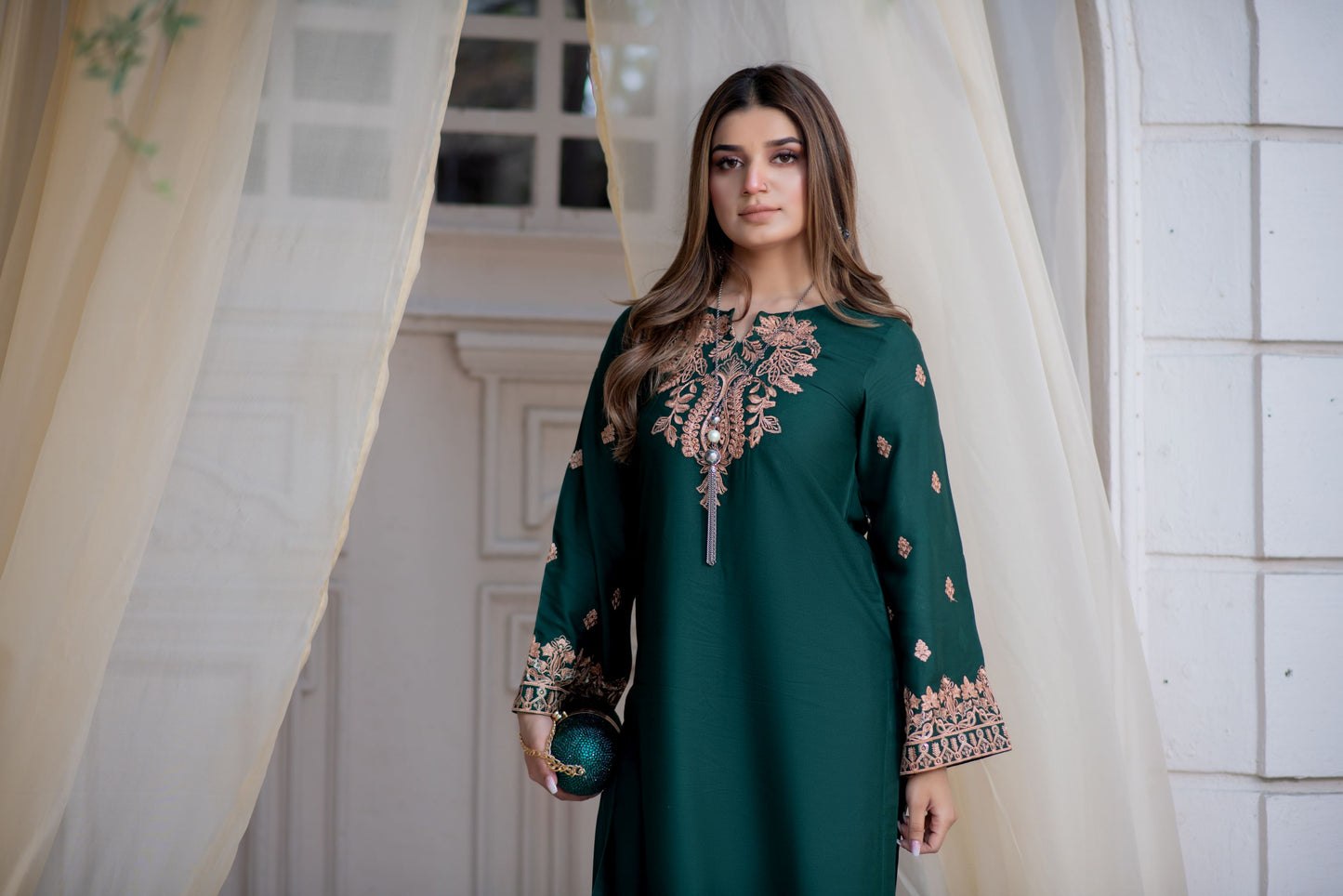 Noura by Hemline Emerald Embroidered Long 2pc Viscose Suit NH8
