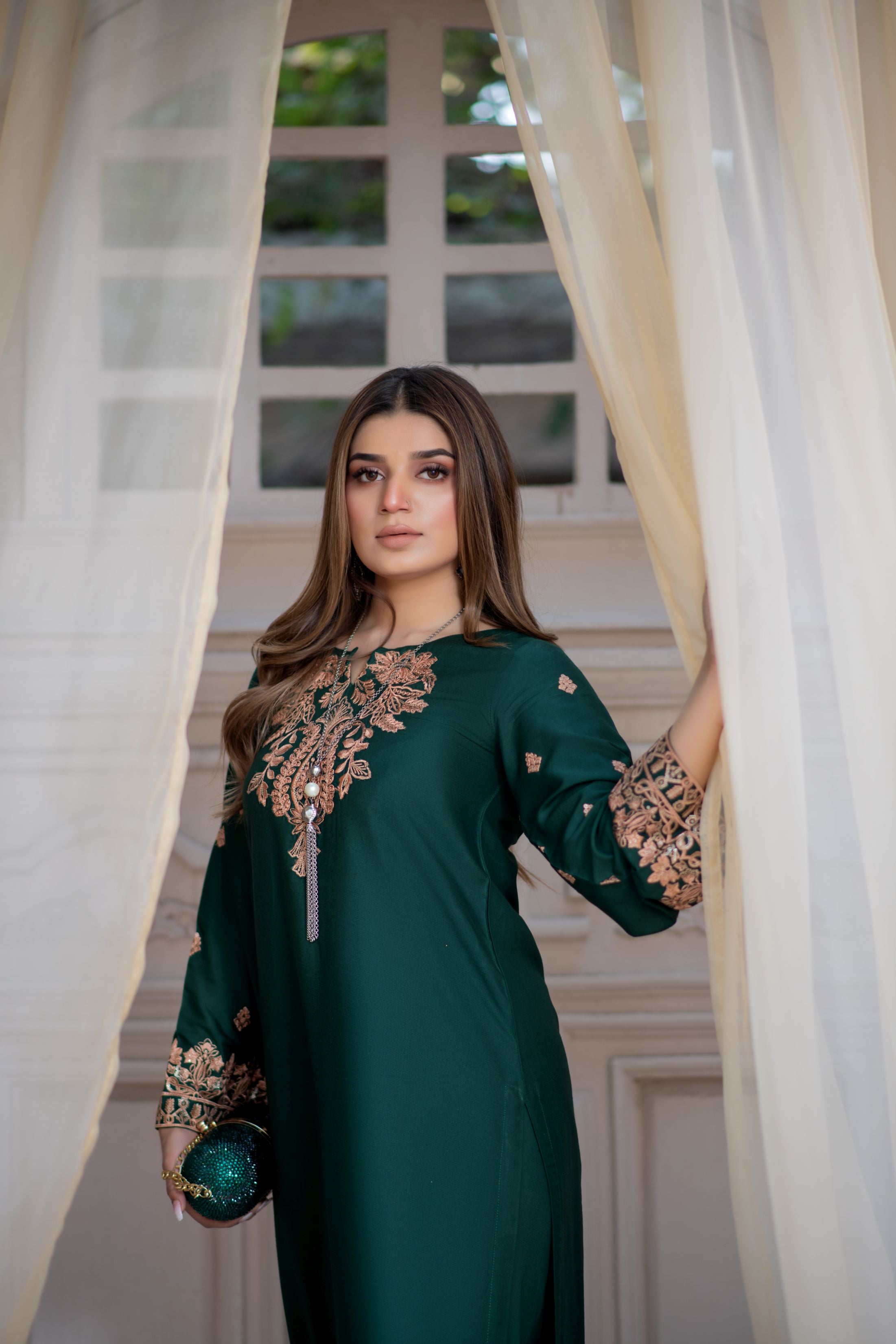 Noura by Hemline Emerald Embroidered Long 2pc Viscose Suit NH8