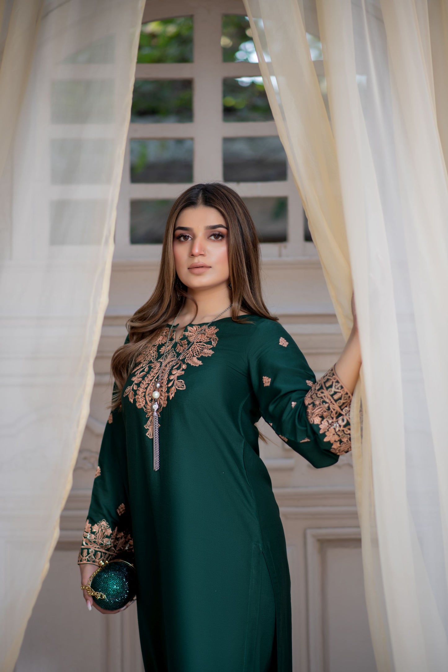 Noura by Hemline Emerald Embroidered Long 2pc Viscose Suit NH8