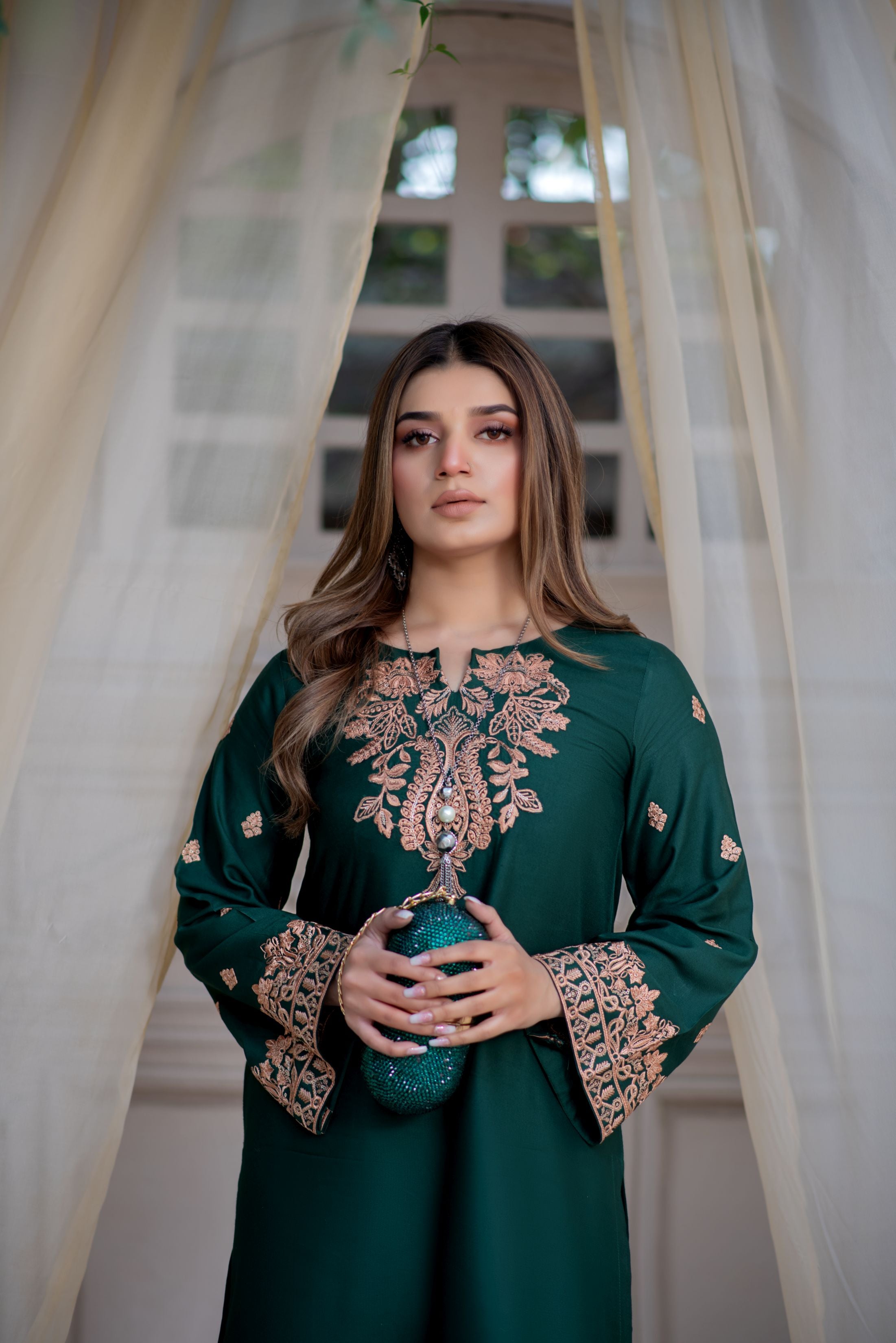 Noura by Hemline Emerald Embroidered Long 2pc Viscose Suit NH8
