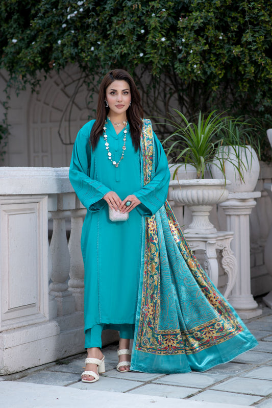 ZS1 Serah by Zaina 3pc Linen Suit with Printed Velvet Shawl