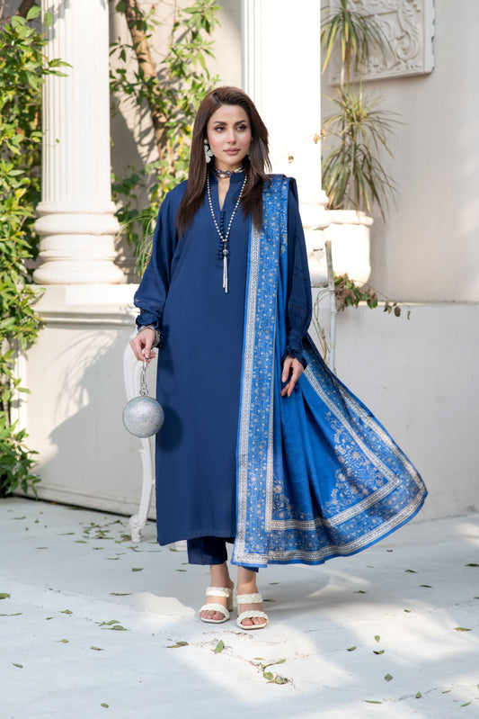 ZS10 Serah by Zaina 3pc Linen Long Shirt with Printed Velvet Shawl