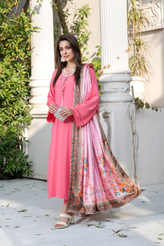 ZS2 Serah by Zaina 3pc Linen Long Shirt with Printed Velvet Shawl