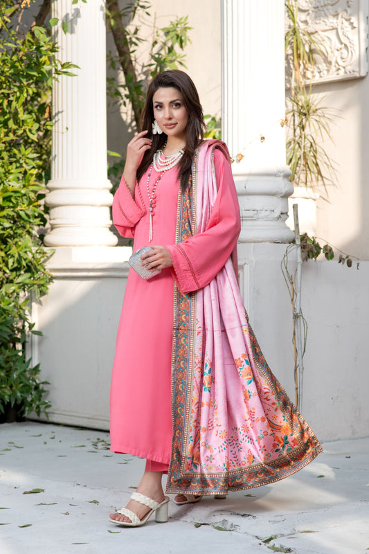 ZS2 Serah by Zaina 3pc Linen Long Shirt with Printed Velvet Shawl