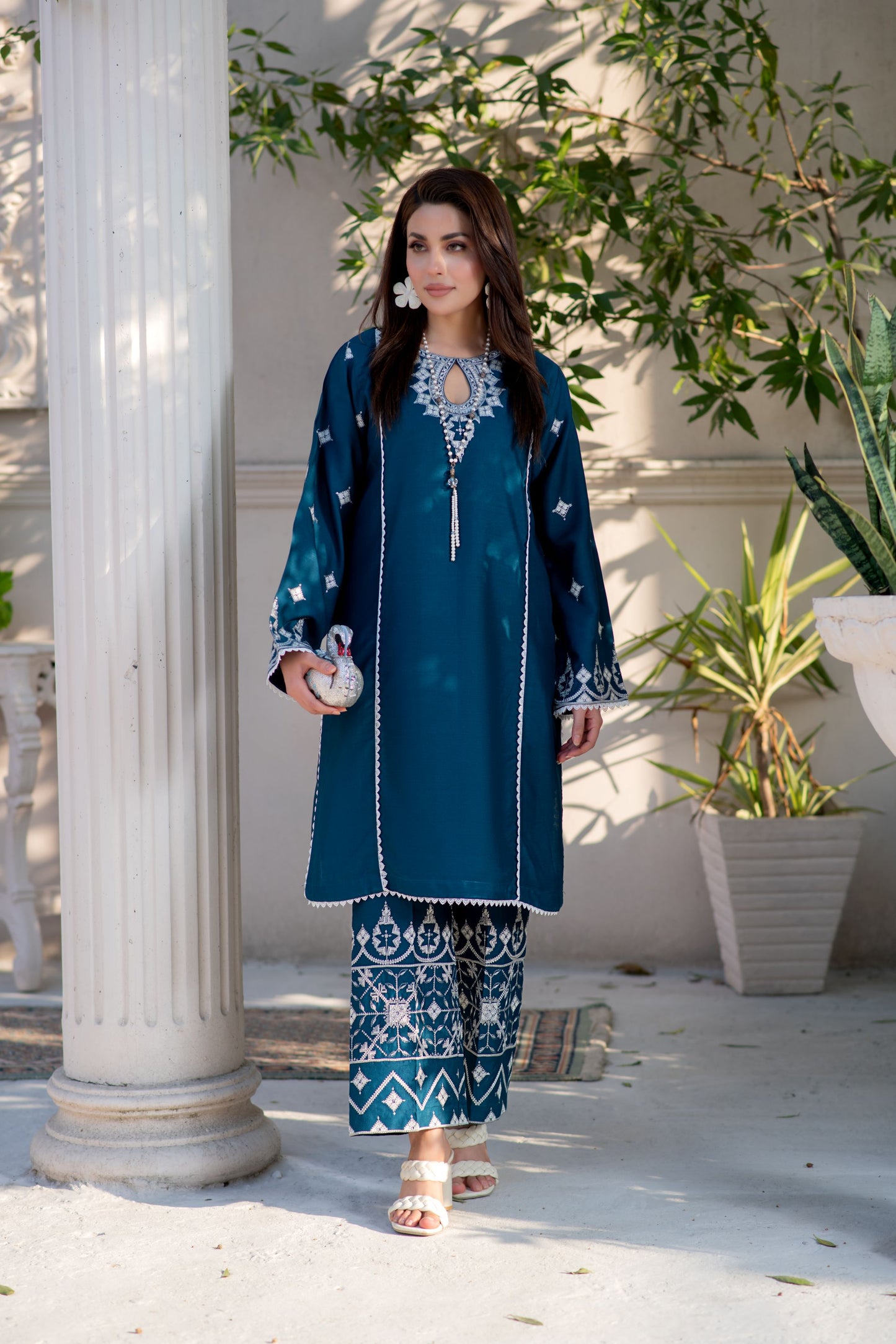 Noura by Hemline Teal Embroidered 2pc Viscose Ready to Wear Suit NH1