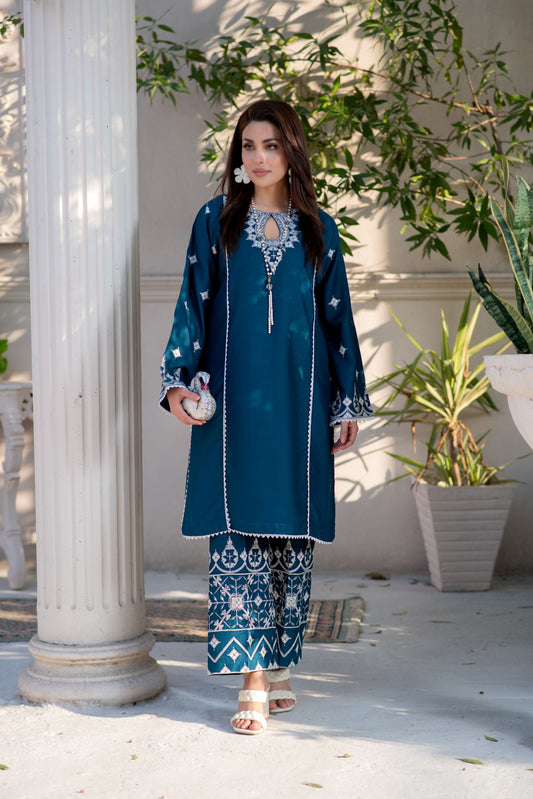 Noura by Hemline Teal Embroidered 2pc Viscose Ready to Wear Suit NH1